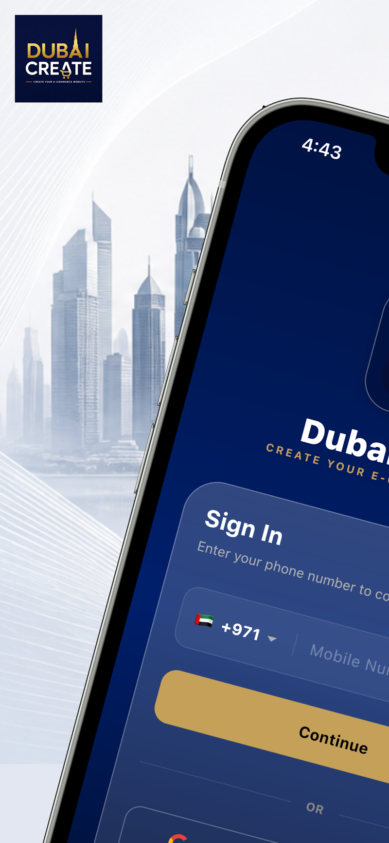Dubai Create app sign-in screen for creating an ecommerce website